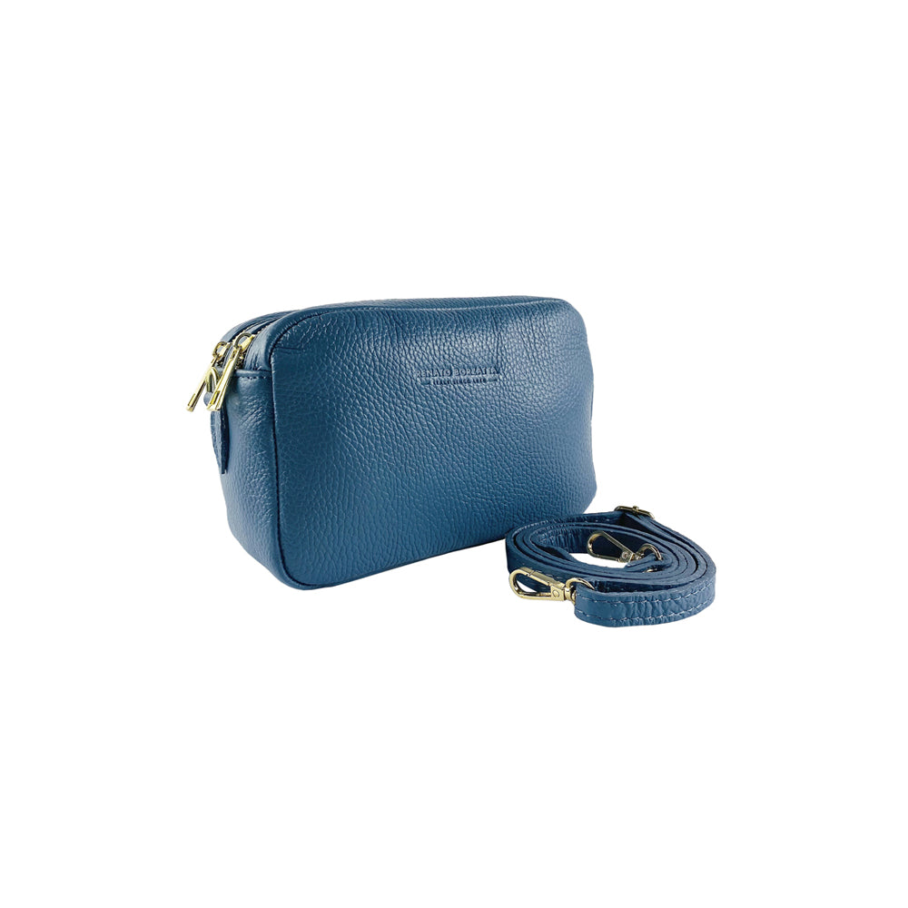 RB1008P | Women's Double Zip Crossbody Bag in Genuine Leather Made in Italy. Removable shoulder strap. Polished Gold Metal Snap Hook Attachments - Air Force Blue Color - Dimensions: 20 x 15 x 9 cm-2