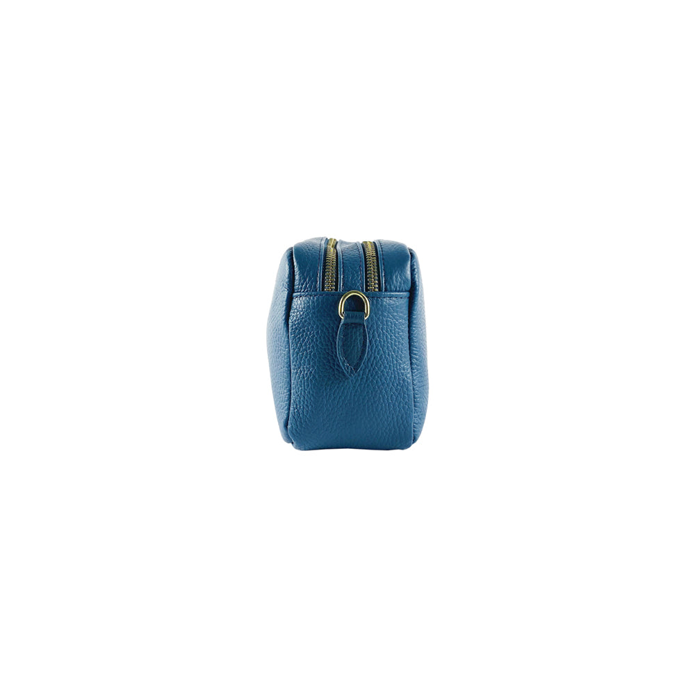 RB1008P | Women's Double Zip Crossbody Bag in Genuine Leather Made in Italy. Removable shoulder strap. Polished Gold Metal Snap Hook Attachments - Air Force Blue Color - Dimensions: 20 x 15 x 9 cm-3