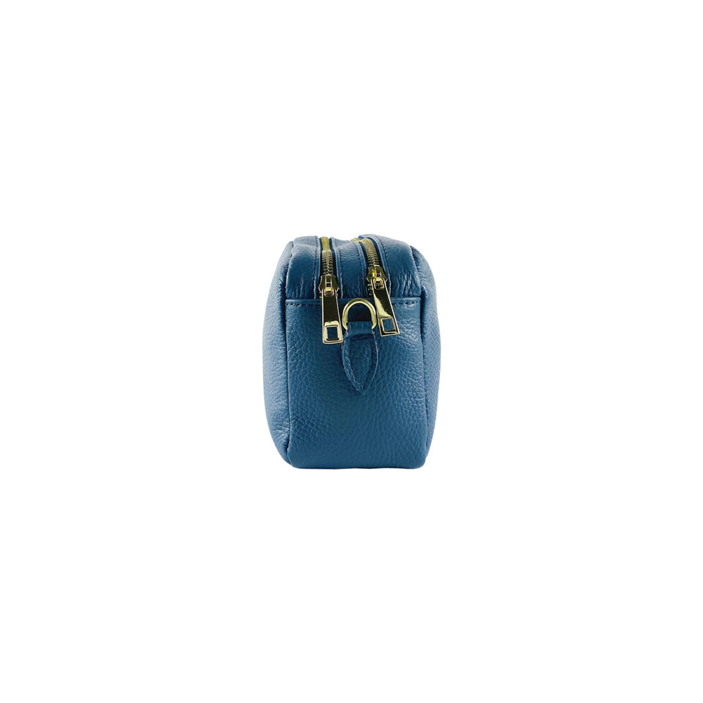 RB1008P | Women's Double Zip Crossbody Bag in Genuine Leather Made in Italy. Removable shoulder strap. Polished Gold Metal Snap Hook Attachments - Air Force Blue Color - Dimensions: 20 x 15 x 9 cm-4