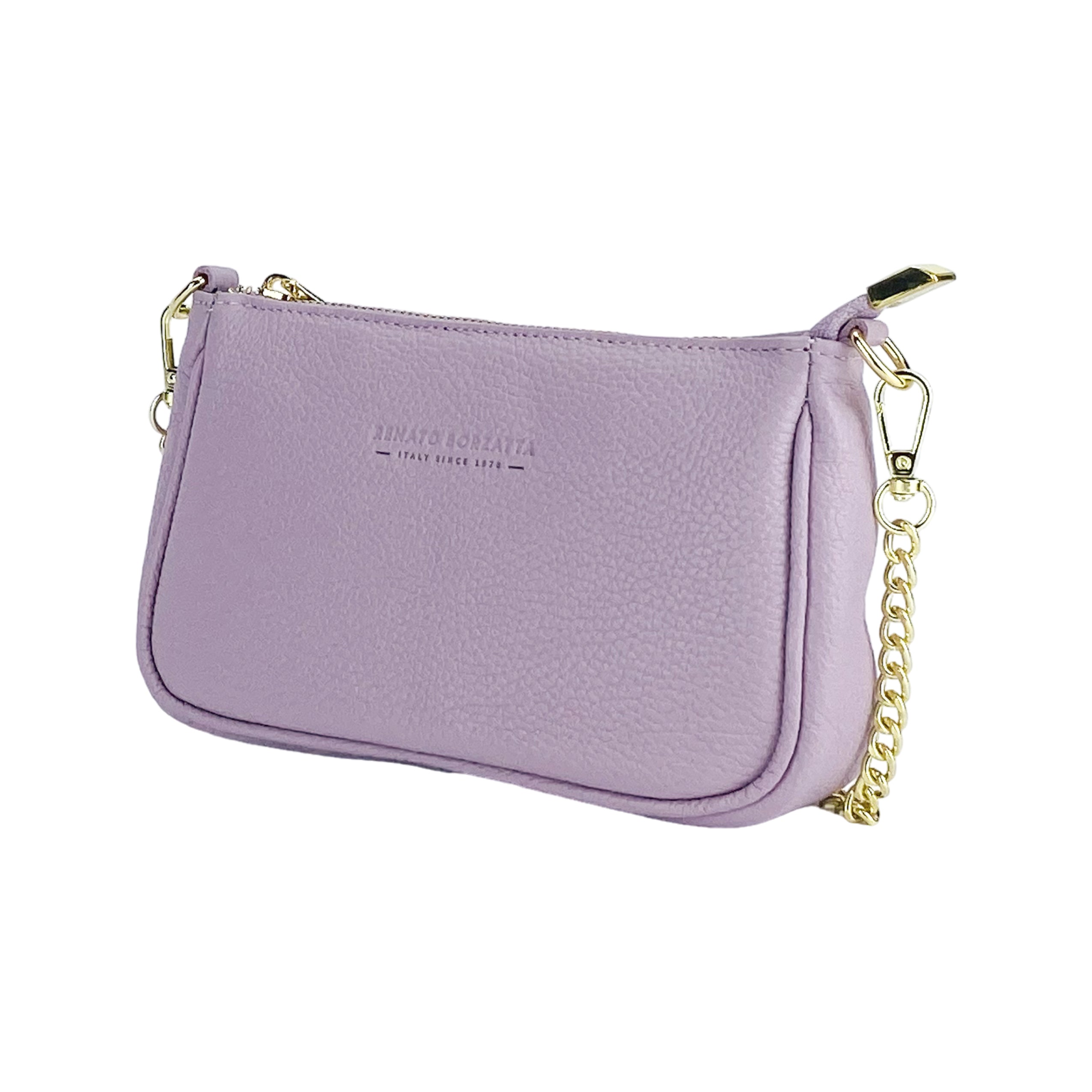 RB1022CI | Small Genuine Leather Bag Made in Italy with Removable Chain Shoulder Strap. Zip Closure and Polished Gold Metal Accessories. Lilac Color. Dimensions: 20 x 12 x 6 cm.-0