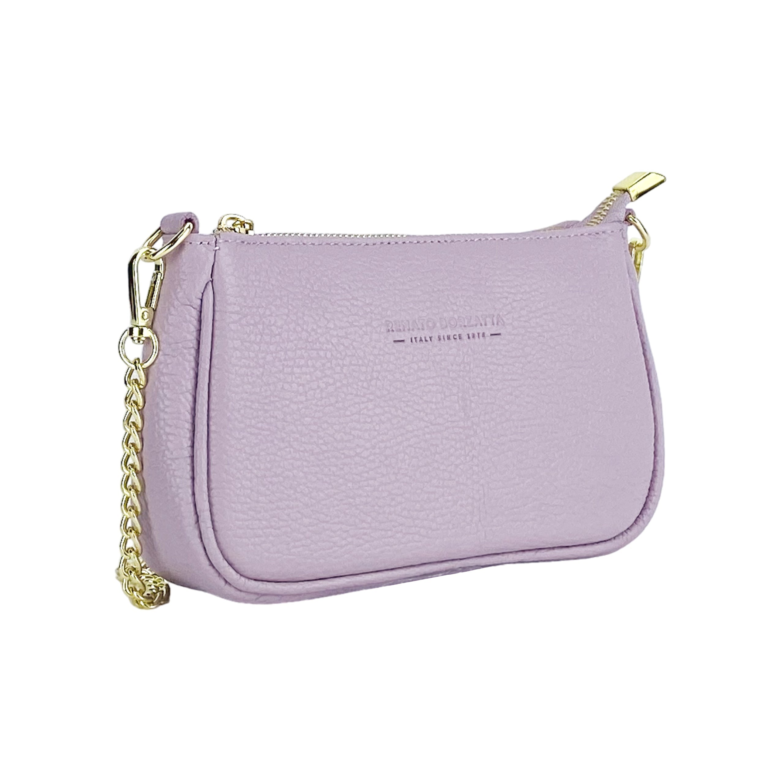 RB1022CI | Small Genuine Leather Bag Made in Italy with Removable Chain Shoulder Strap. Zip Closure and Polished Gold Metal Accessories. Lilac Color. Dimensions: 20 x 12 x 6 cm.-2