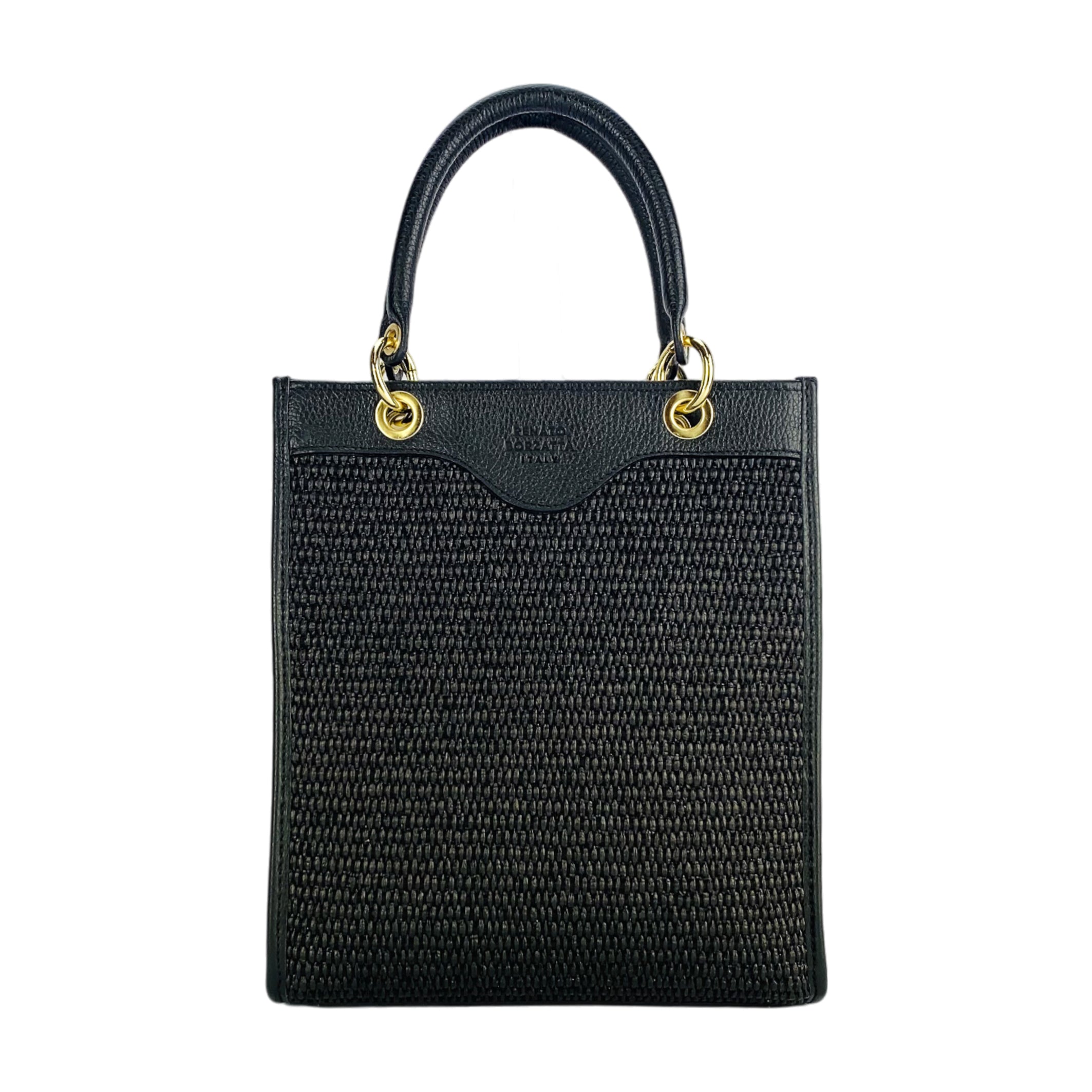 RB1026A | Women's Vertical Handbag in Genuine Leather and Straw, Made in Italy. Removable and adjustable leather shoulder strap. Polished Gold Accessories - Black Color - Dimensions: 24 x 29 x 9 cm-1