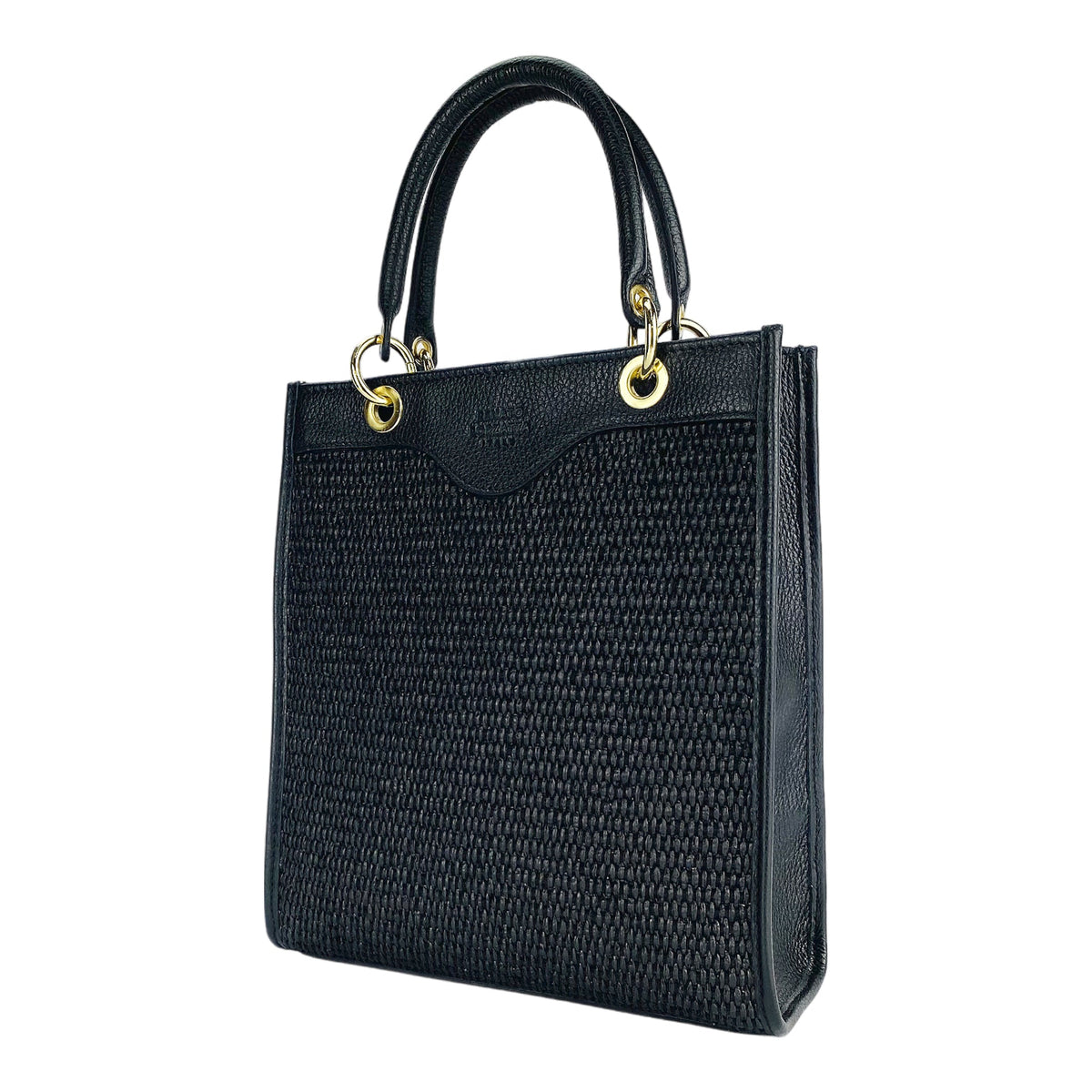 RB1026A | Women's Vertical Handbag in Genuine Leather and Straw, Made in Italy. Removable and adjustable leather shoulder strap. Polished Gold Accessories - Black Color - Dimensions: 24 x 29 x 9 cm-0