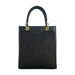 RB1026A | Women's Vertical Handbag in Genuine Leather and Straw, Made in Italy. Removable and adjustable leather shoulder strap. Polished Gold Accessories - Black Color - Dimensions: 24 x 29 x 9 cm-1