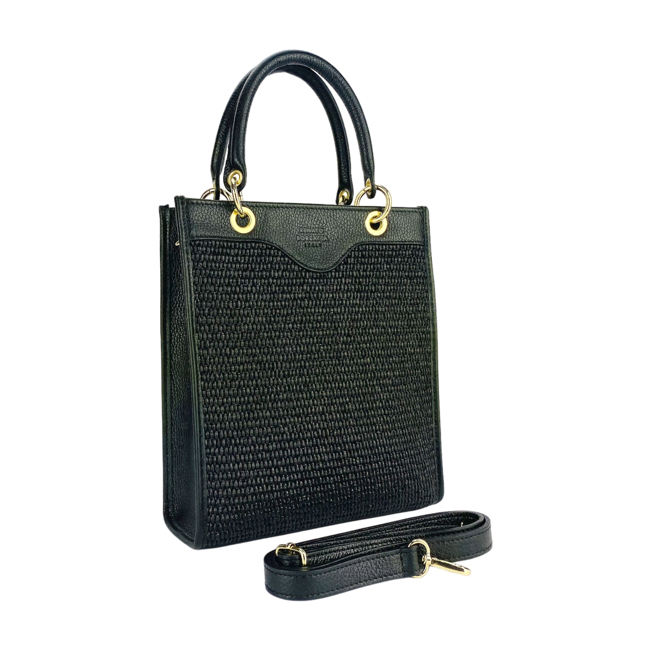 RB1026A | Women's Vertical Handbag in Genuine Leather and Straw, Made in Italy. Removable and adjustable leather shoulder strap. Polished Gold Accessories - Black Color - Dimensions: 24 x 29 x 9 cm-2