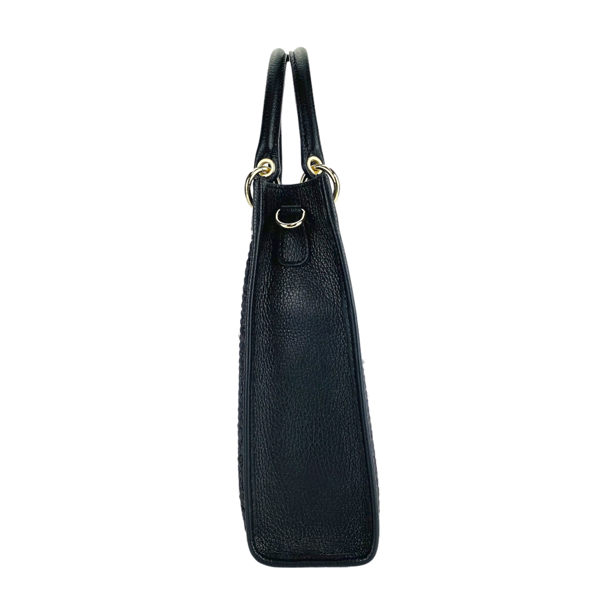 RB1026A | Women's Vertical Handbag in Genuine Leather and Straw, Made in Italy. Removable and adjustable leather shoulder strap. Polished Gold Accessories - Black Color - Dimensions: 24 x 29 x 9 cm-3