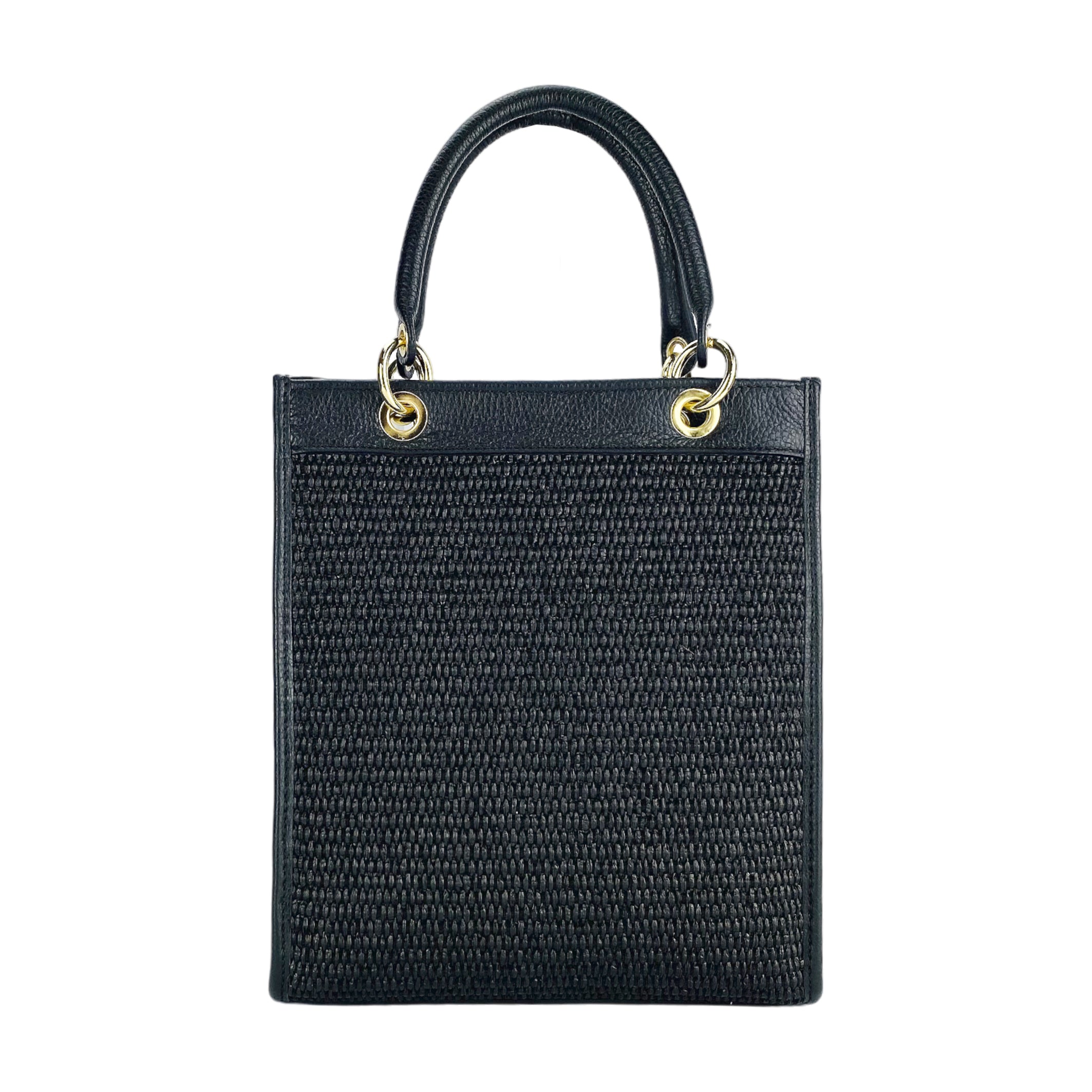 RB1026A | Women's Vertical Handbag in Genuine Leather and Straw, Made in Italy. Removable and adjustable leather shoulder strap. Polished Gold Accessories - Black Color - Dimensions: 24 x 29 x 9 cm-4