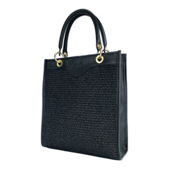 RB1026A | Women's Vertical Handbag in Genuine Leather and Straw, Made in Italy. Removable and adjustable leather shoulder strap. Polished Gold Accessories - Black Color - Dimensions: 24 x 29 x 9 cm-0