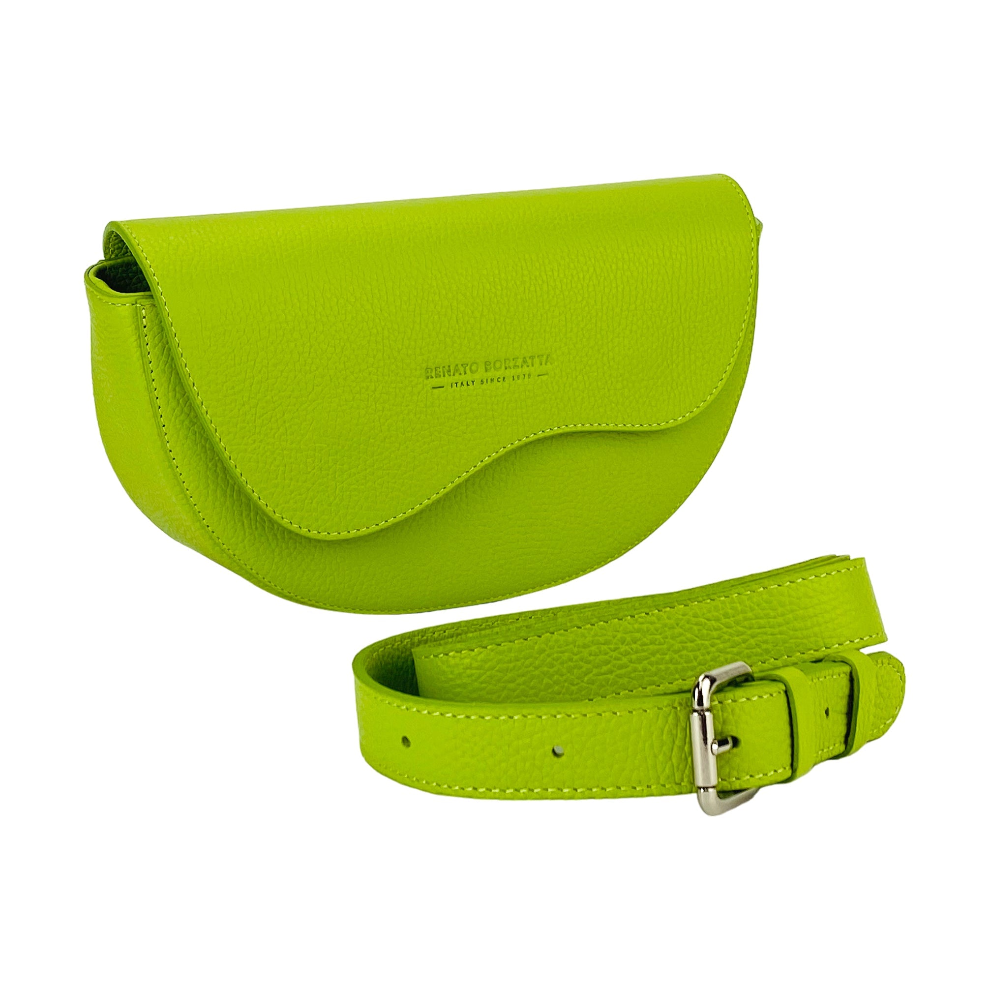 RB1027AD | Women's Rounded Crossbody Bag in Genuine Leather, Made in Italy. Removable and adjustable leather shoulder strap. Polished Nickel Accessories - Lime Color - Dimensions: 25 x 15 x 9 cm-0
