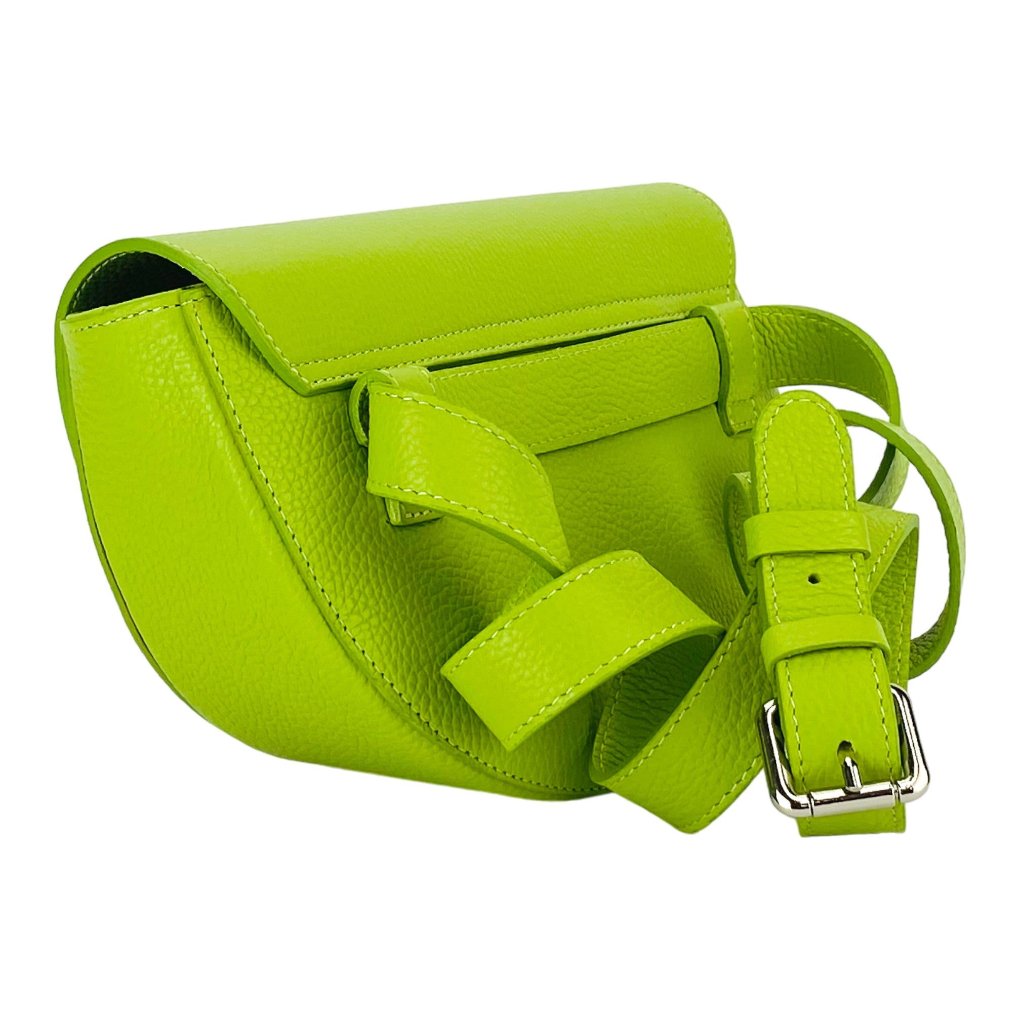 RB1027AD | Women's Rounded Crossbody Bag in Genuine Leather, Made in Italy. Removable and adjustable leather shoulder strap. Polished Nickel Accessories - Lime Color - Dimensions: 25 x 15 x 9 cm-3