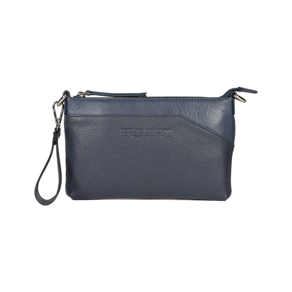 RB2003D | Shoulder/Wrist Bag in Full-Grain Genuine Leather, Dollar Grain/Lightweight. Removable shoulder strap and handle. Color: Blue. Dimensions: 22 x 14 x 2.5 cm. Packaging: Non-Woven Fabric Bag-1
