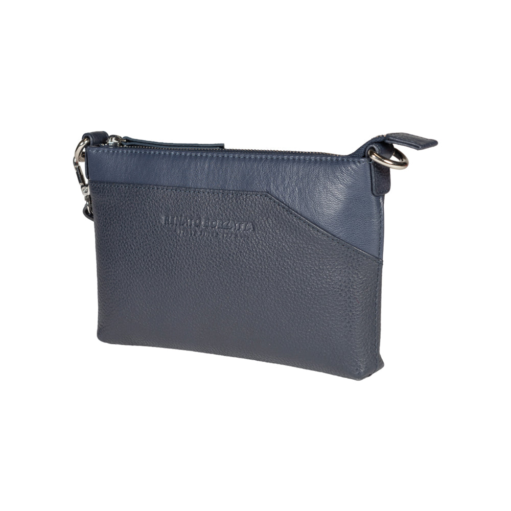 RB2003D | Shoulder/Wrist Bag in Full-Grain Genuine Leather, Dollar Grain/Lightweight. Removable shoulder strap and handle. Color: Blue. Dimensions: 22 x 14 x 2.5 cm. Packaging: Non-Woven Fabric Bag-2
