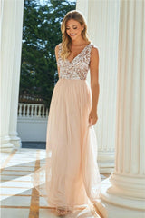 Valeria Blush Sequin V Neck Maxi DRess-0