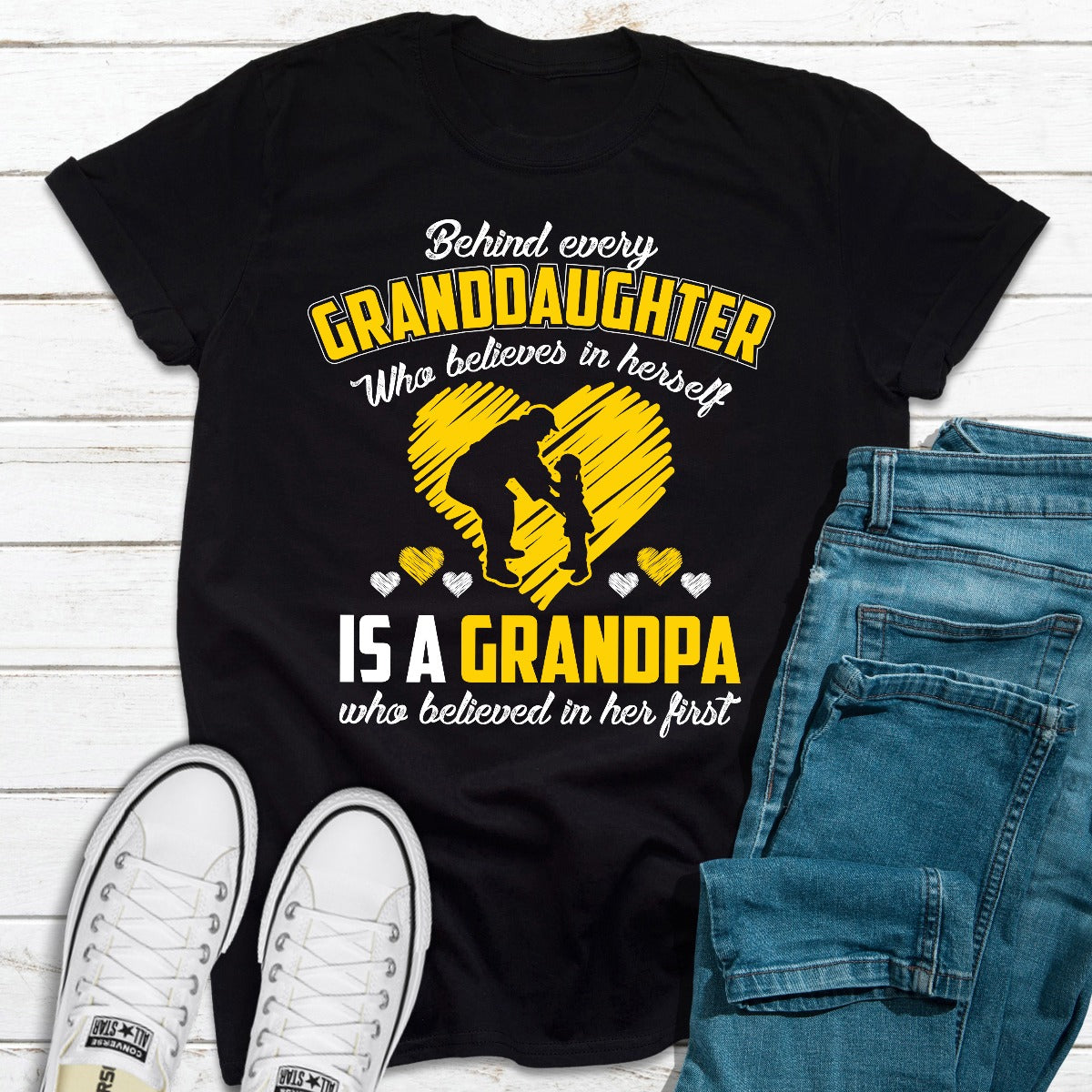 Behind Every Granddaughter Who Believes In Herself Is A Grandpa T-Shirt-0