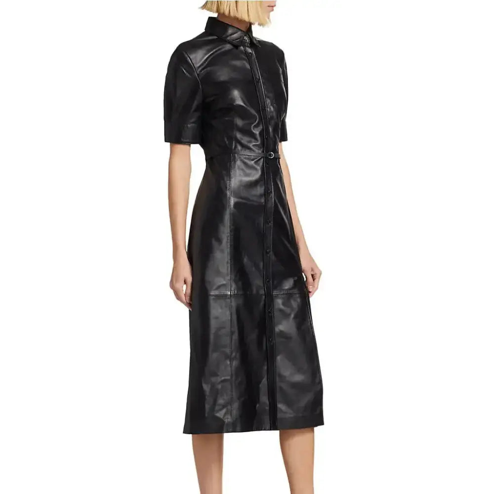 Women’s Black Leather Button-Down Dress-2