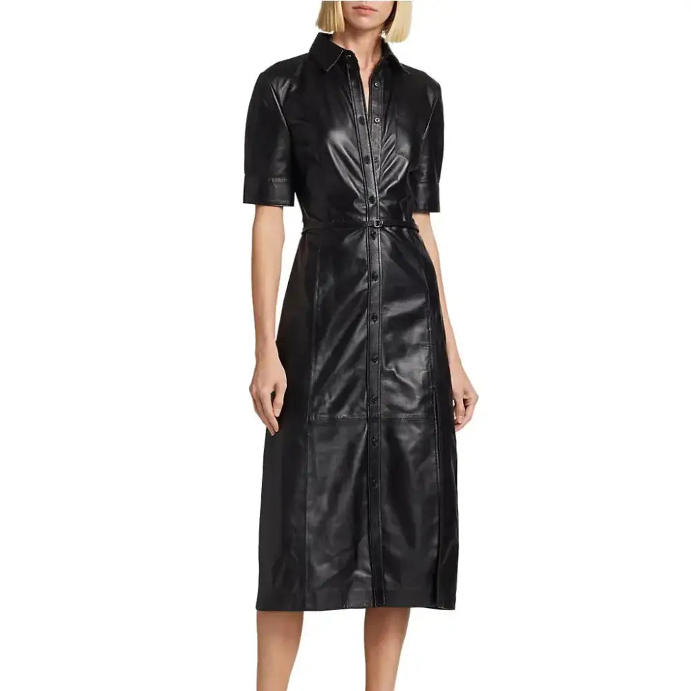 Women’s Black Leather Button-Down Dress-0