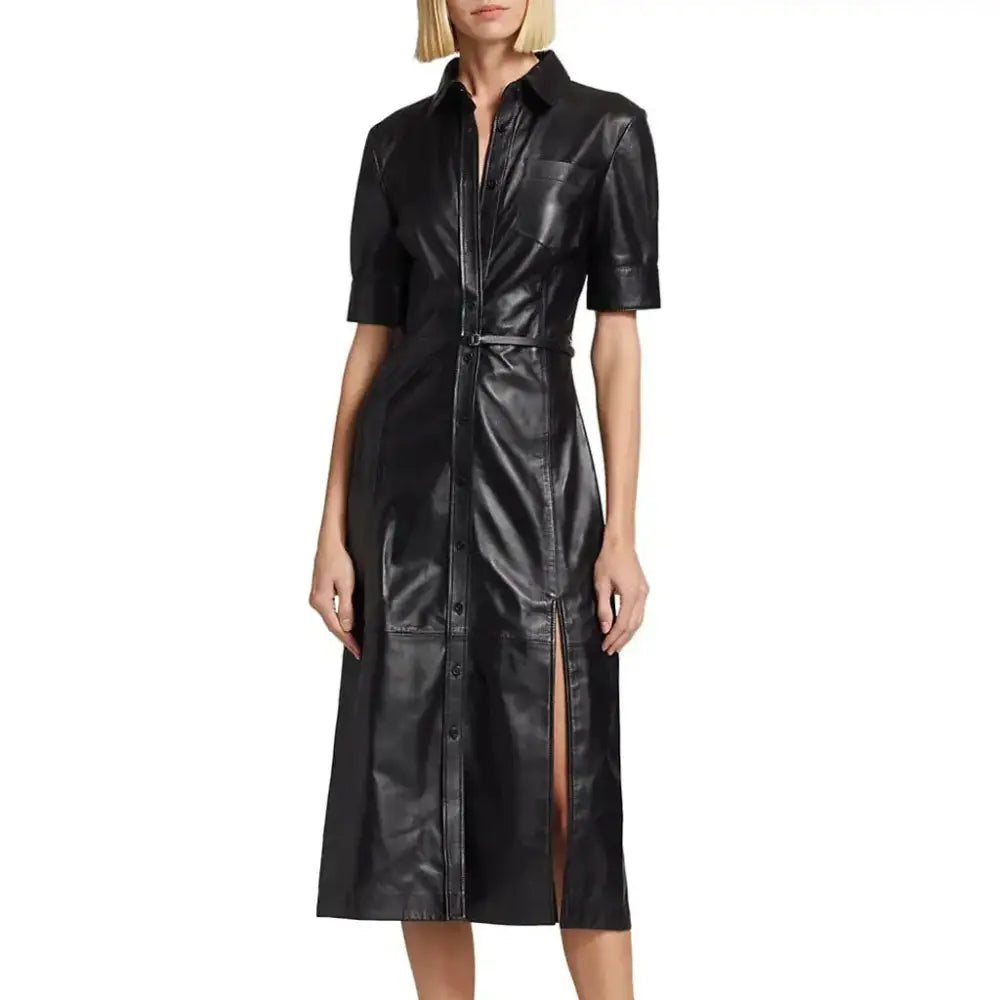Women’s Black Leather Button-Down Dress-1