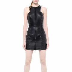 Women’s Black Leather Mini Party Dress-0