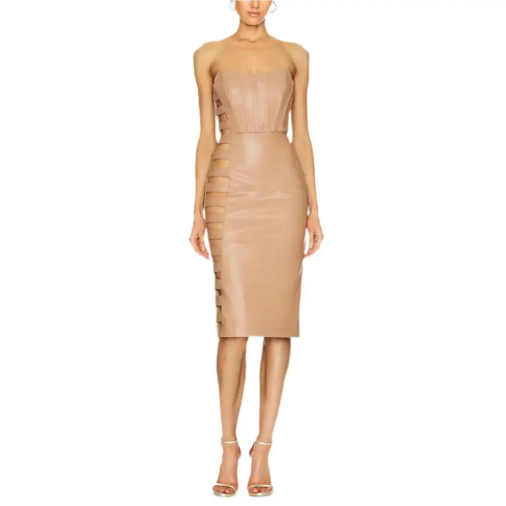Women's Camel Faux Leather Cutout Dress-0