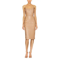 Women's Camel Faux Leather Cutout Dress-0