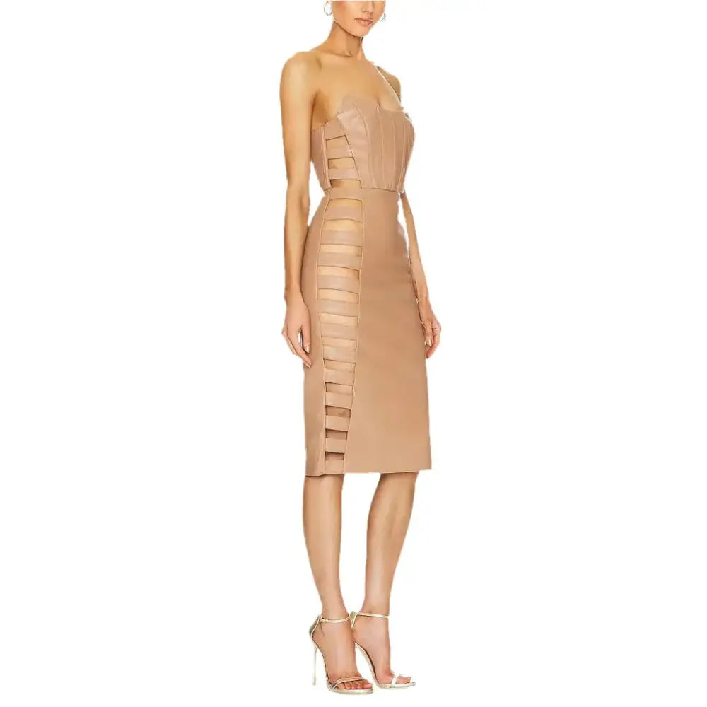 Women's Camel Faux Leather Cutout Dress-1