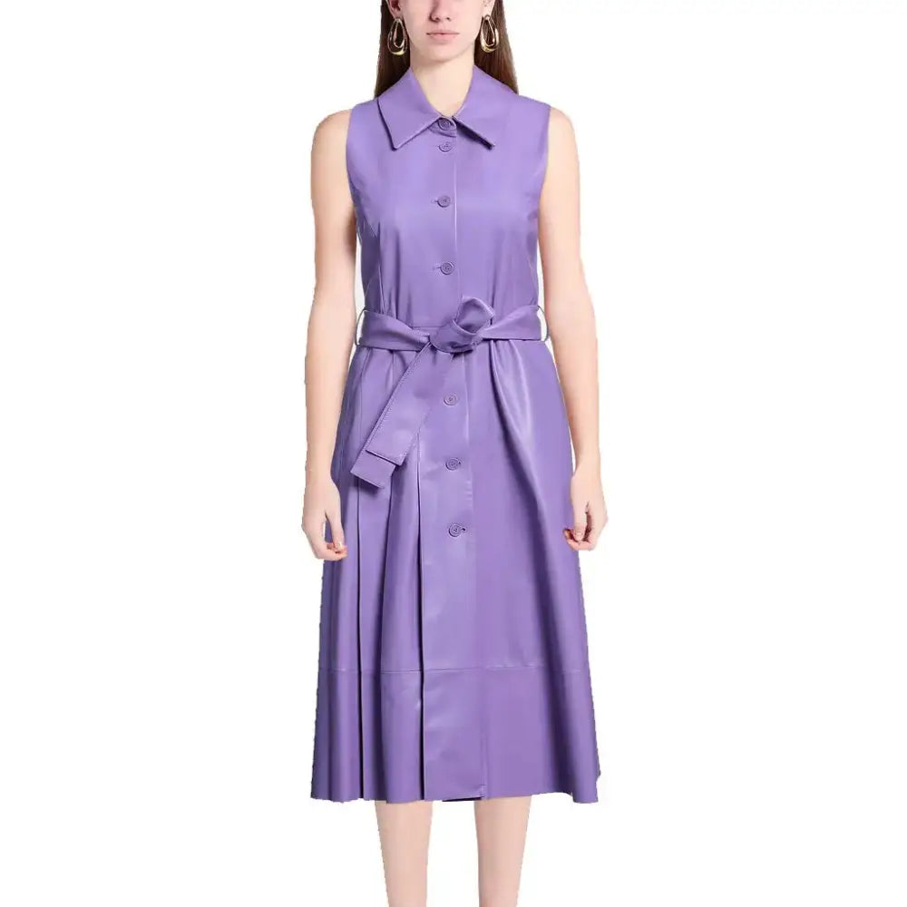 Women’s Chic Lavender Button-Down Leather Dress-0
