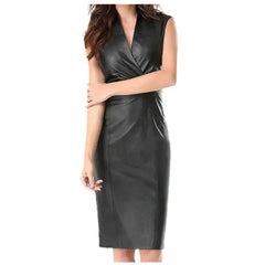 Women’s Elegant Black Genuine Leather Cocktail Party Dress-0