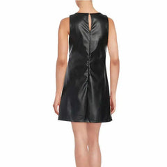 Women’s Black Leather Mini Dress with Front Zipper-1