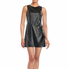 Women’s Black Leather Mini Dress with Front Zipper-0