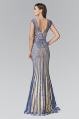 V-Neck Floor Length Dress with Rhinestone on Stripe-1