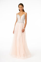 Jewel Embellished Bodice Mesh A-Line Dress w/ Strap Back-0