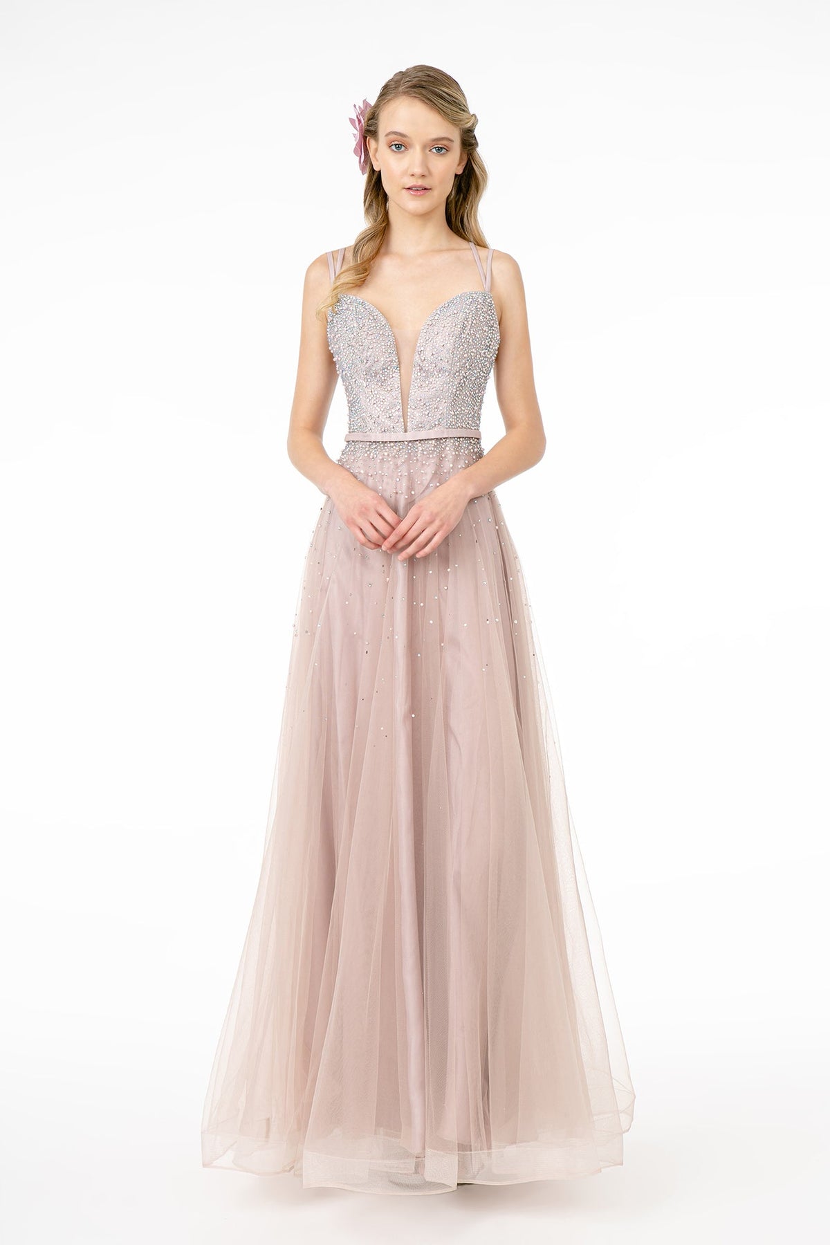 Jewel Embellished Bodice Mesh A-Line Dress w/ Strap Back-1