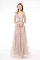 Jewel Embellished Bodice Mesh A-Line Dress w/ Strap Back-1
