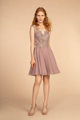 Embroidered Applique Bodice V-Neck Chiffon Short Dress-0