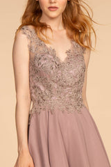 Embroidered Applique Bodice V-Neck Chiffon Short Dress-2