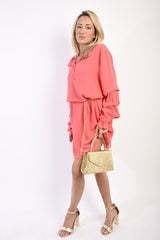 Ruffle Sleeve Pocket Button Front Blouse Dress-11