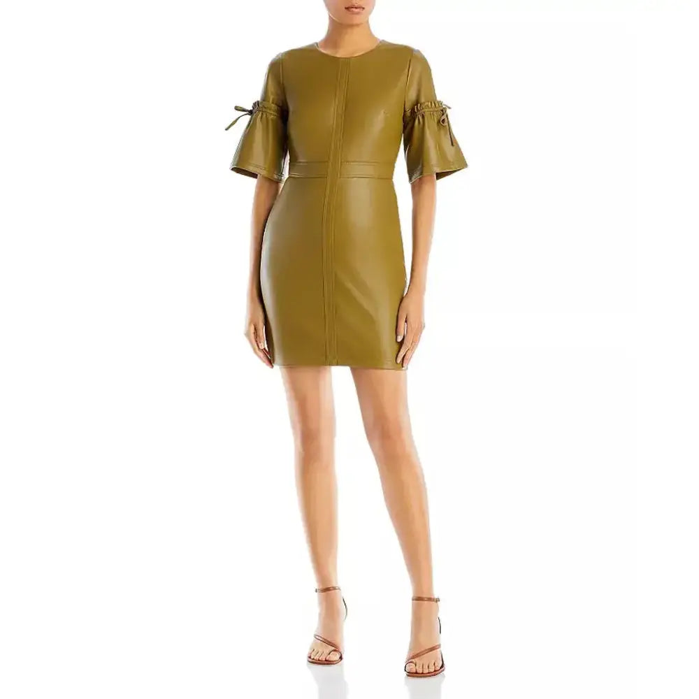 Women’s Khaki Bell Sleeve Mini Leather Dress-2