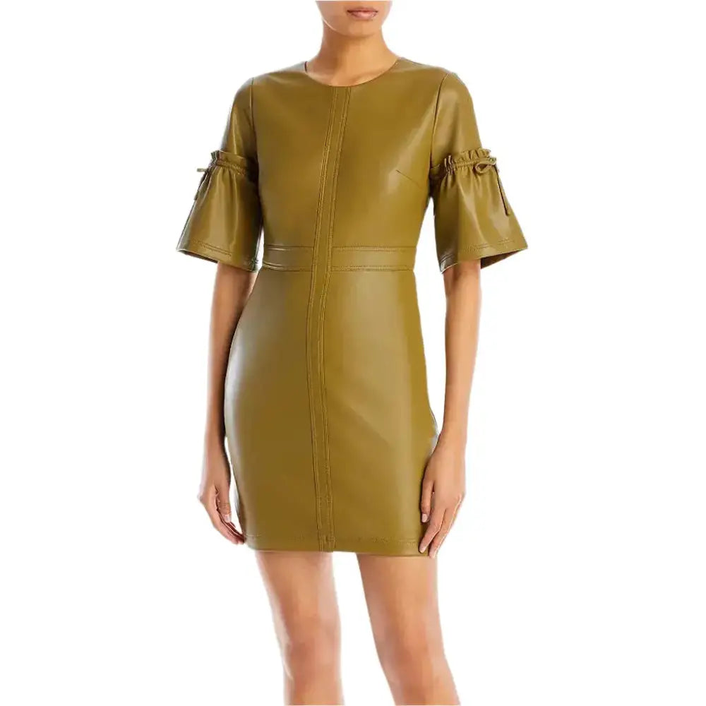 Women’s Khaki Bell Sleeve Mini Leather Dress-0