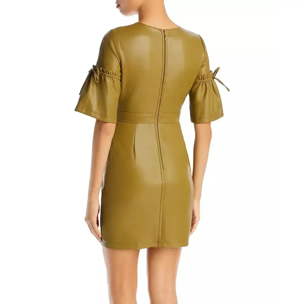 Women’s Khaki Bell Sleeve Mini Leather Dress-1