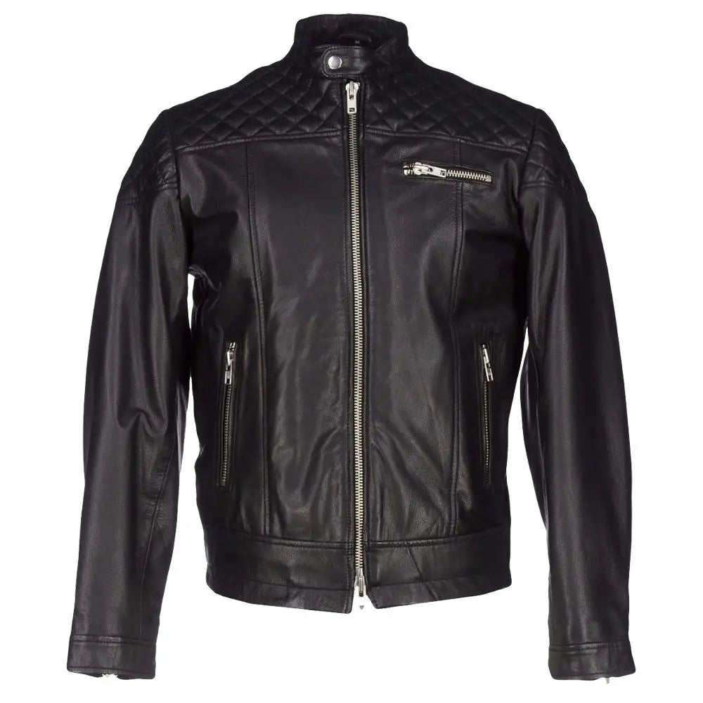 Men's Quilted Shoulders Biker Leather Jacket