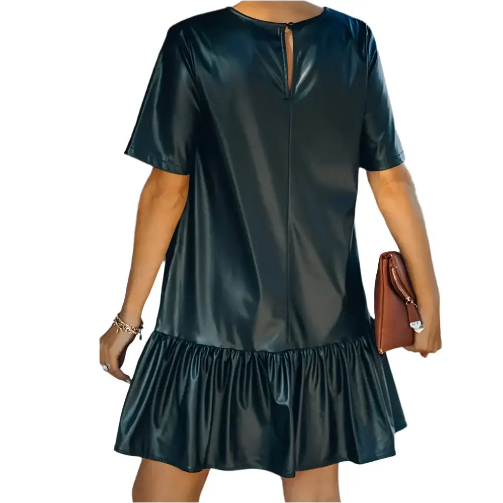 Women’s Short Sleeve Leather Ruffle Dress-1