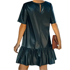 Women’s Short Sleeve Leather Ruffle Dress-1