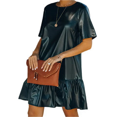 Women’s Short Sleeve Leather Ruffle Dress-2