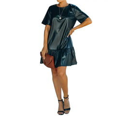Women’s Short Sleeve Leather Ruffle Dress-3