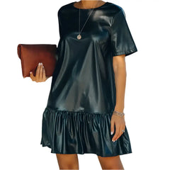 Women’s Short Sleeve Leather Ruffle Dress-0