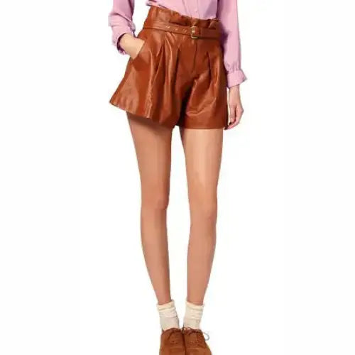 Women’s Camel Genuine Lamb Leather Belted Paper Bag Waist Shorts-0