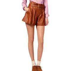 Women’s Camel Genuine Lamb Leather Belted Paper Bag Waist Shorts-0
