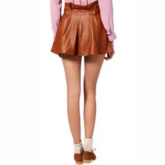 Women’s Camel Genuine Lamb Leather Belted Paper Bag Waist Shorts-1